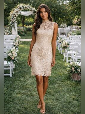 NWOT GRACIA Champagne Floral Lace Cocktail Sheath Dress Wedding Guest Elegant
